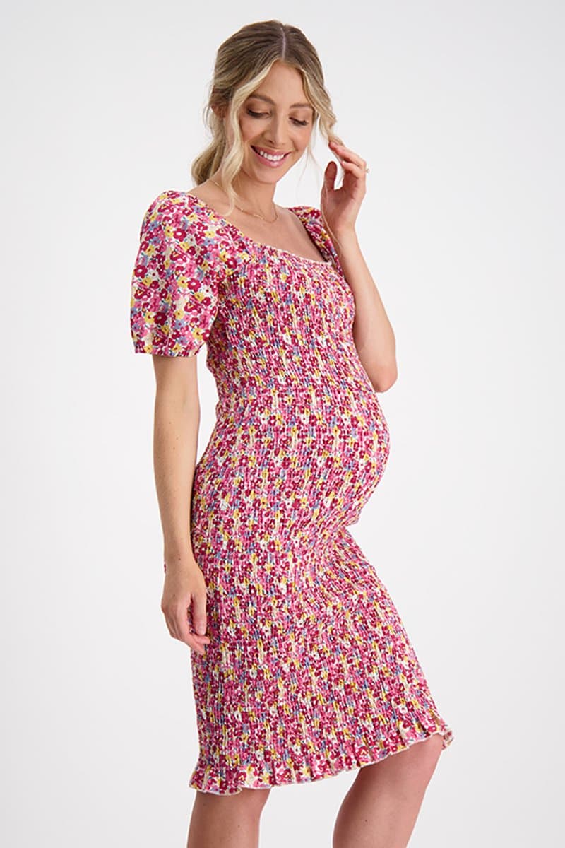 Confetti Shirred Maternity Dress in Pink.