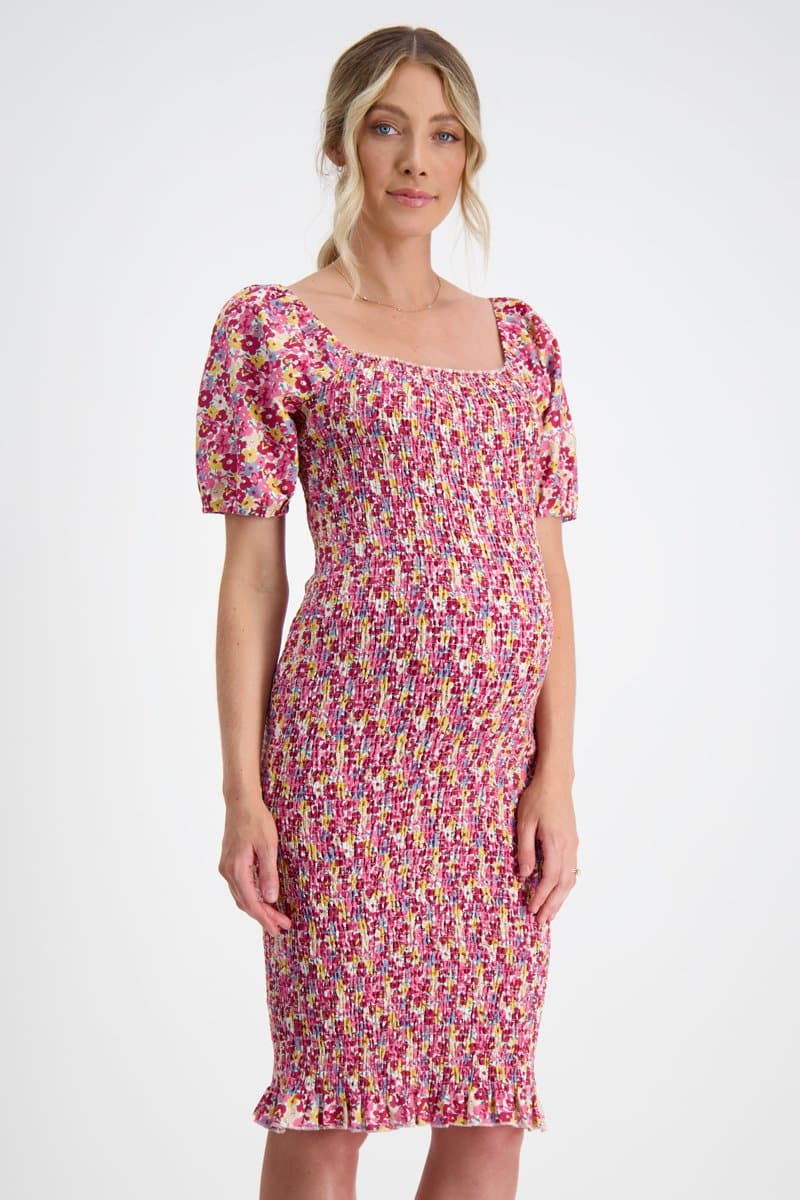 Confetti Shirred Maternity Dress in Pink.