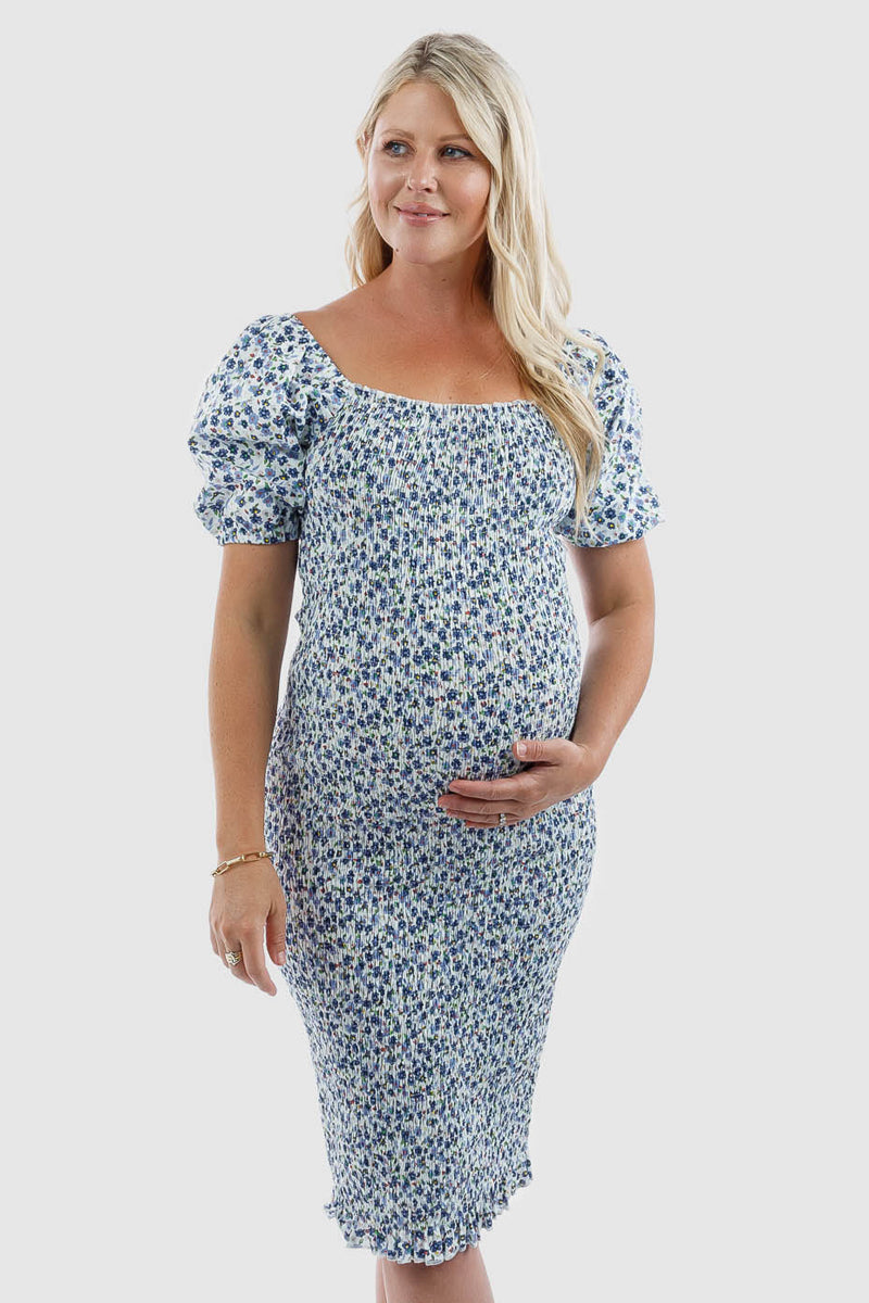 Confetti Shirred Maternity Dress in Blue.