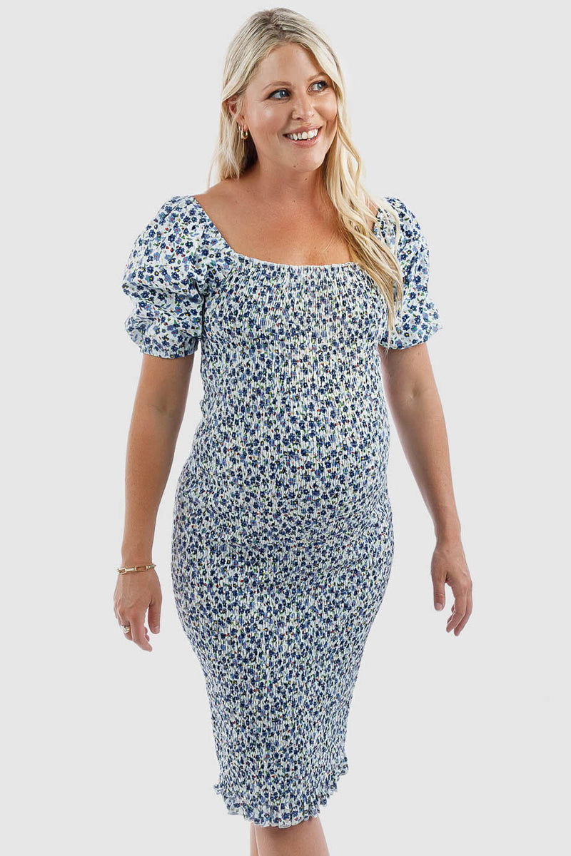 Confetti Shirred Maternity Dress in Blue.