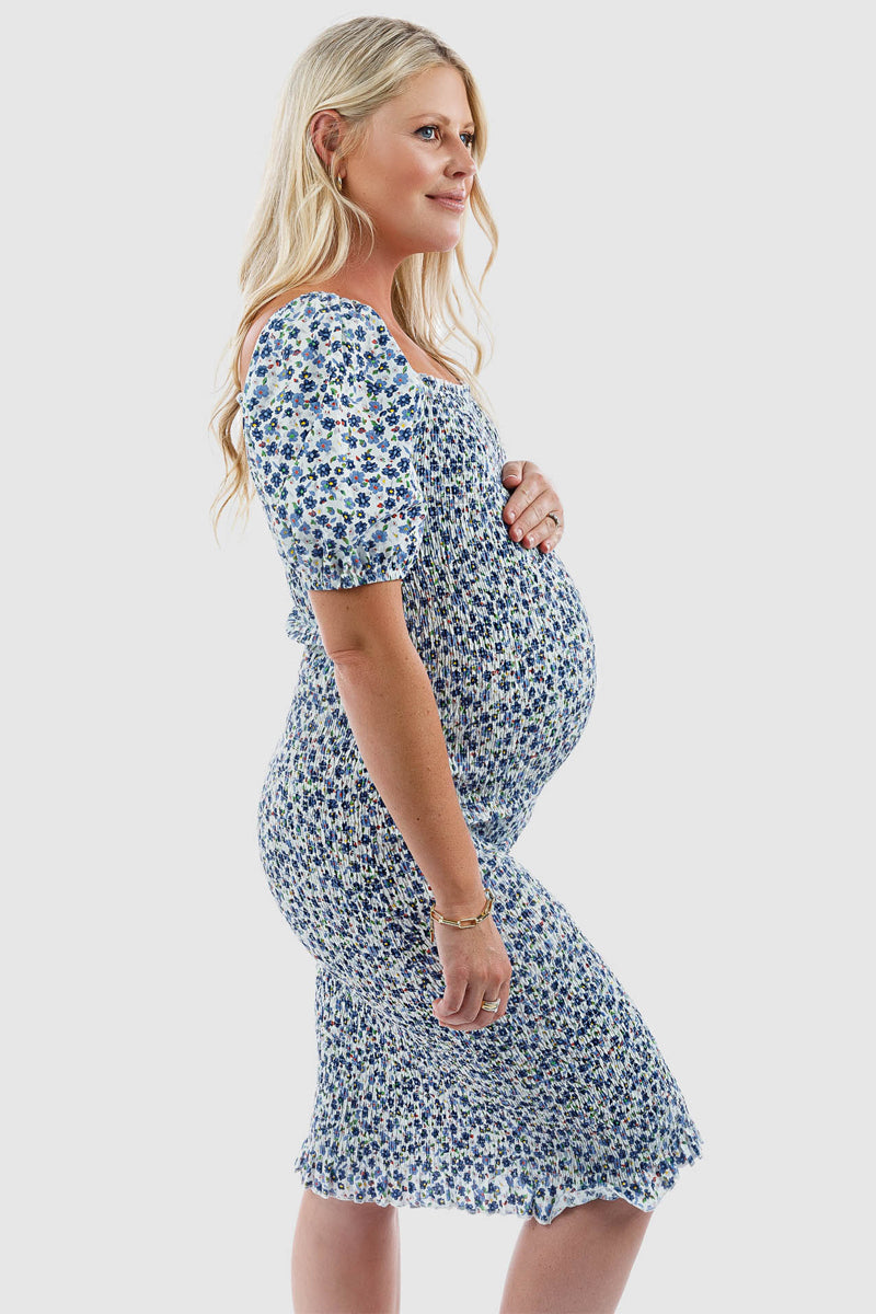 Confetti Shirred Maternity Dress in Blue.