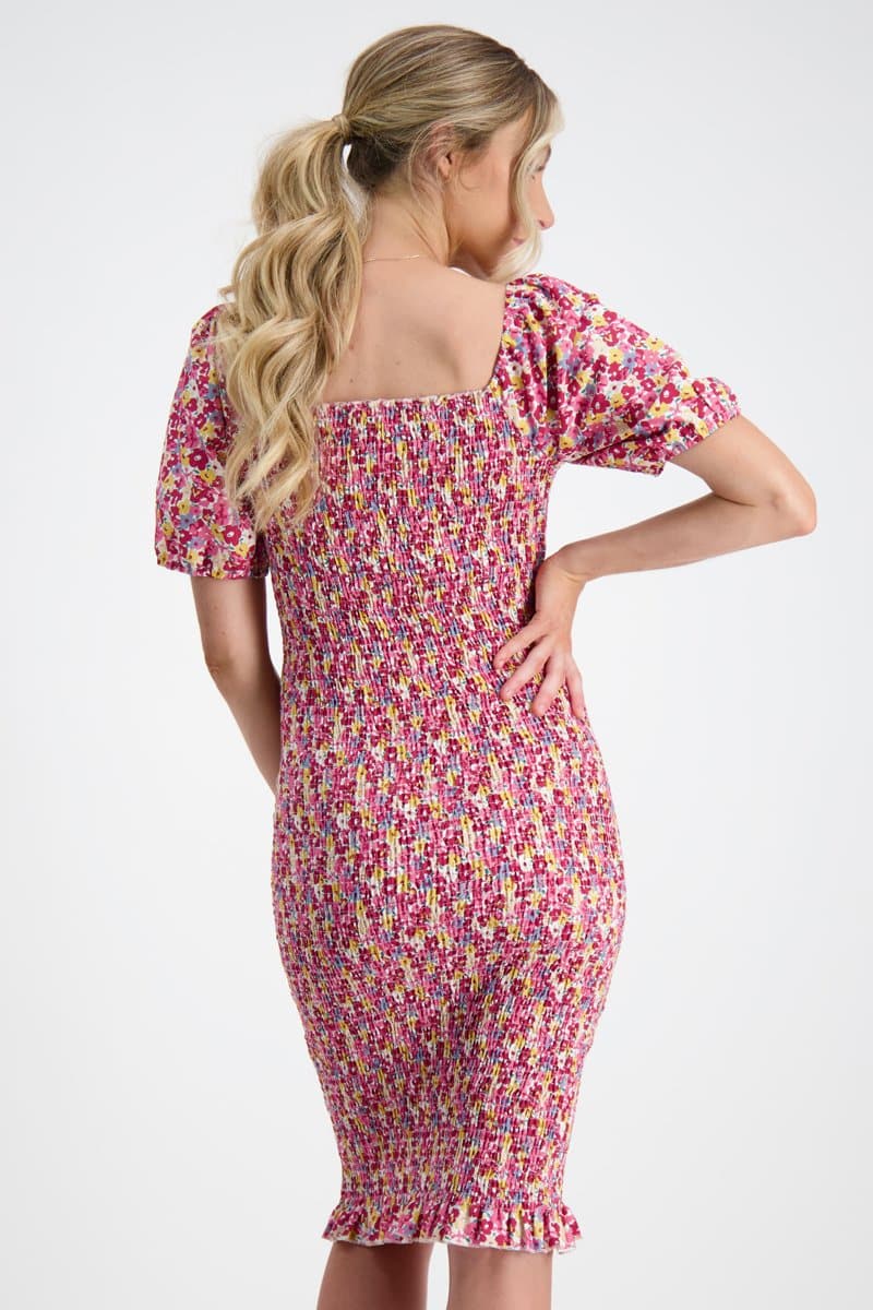 Confetti Shirred Maternity Dress in Pink.