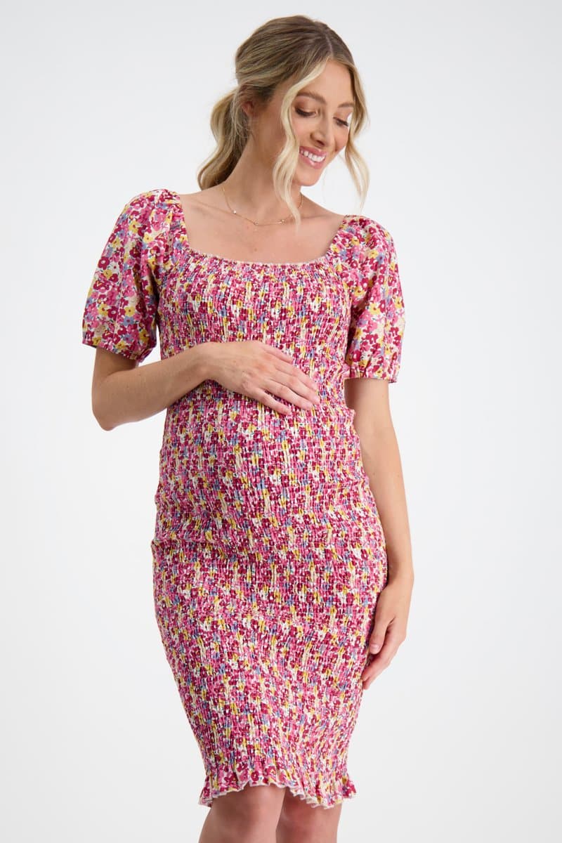 Confetti Shirred Maternity Dress in Pink.